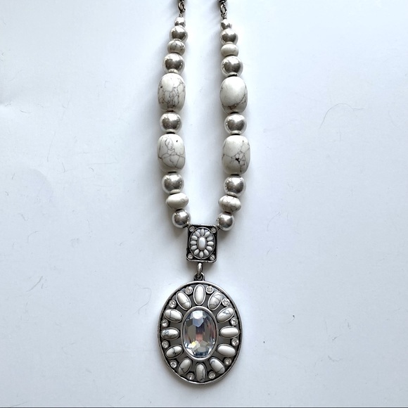 Arts and Crafts (A&C) Silver, Glass and White Natural Stone Statement Necklace - Picture 3 of 8